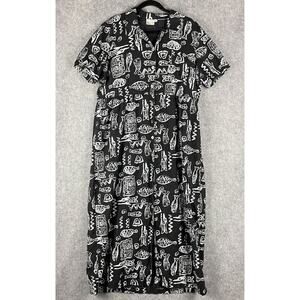 Vintage Match Linen Maxi Dress Women 14 Black Tribal Southwestern Artsy USA Made